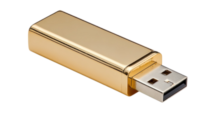 Isolated golden USB flash drive key for portable digital data storage and computer memory stick accessory