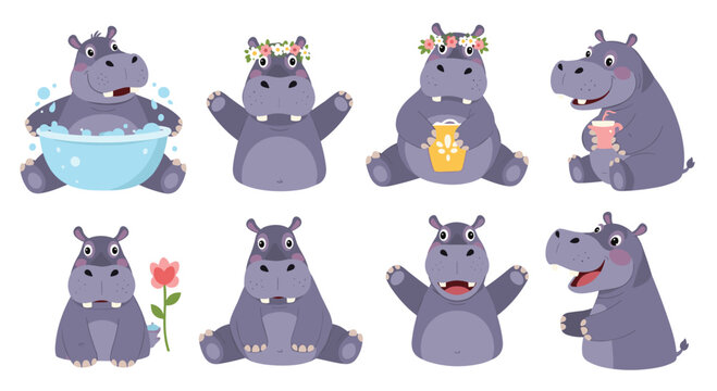 Humorous collection of eight cheerful cartoon hippos showcasing diverse poses and fun activities on a white background.