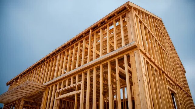 Wood framed building under construction with exposed timber structure, clear sky view, residential architecture progress and carpentry detail