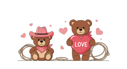 Fototapeta premium Adorable pair of cowboy teddy bears one wearing a western hat and bandana while the other holds a red LOVE heart with ropes.