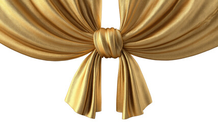 Golden and red satin curtain decoration with a ribbon bow and silk knot for a Christmas holiday celebration