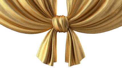 Golden and red satin curtain decoration with a ribbon bow and silk knot for a Christmas holiday celebration