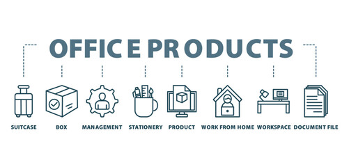 office products banner icon concept with icon of suitcase, box, management, stationary, product, work from home, workspace, and document file






