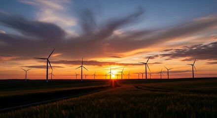 Wind turbines generate clean energy at sunset in a rural landscape.
