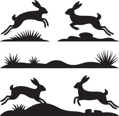 Silhouette of Rabbits Jumping over Grass Humps Vector Illustration Set