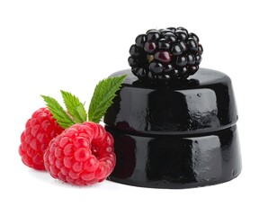 Delicious Blackberry and Raspberry Dessert with Mint Garnish on White Background.