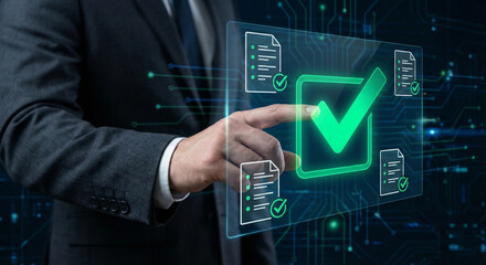 Checkmark icon on virtual interface represents business success.