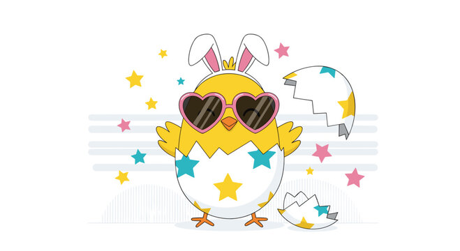Adorable baby chick hatching from a cracked egg wearing bunny ears and heart-shaped sunglasses surrounded by colorful stars.