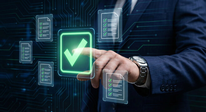 Checkmark icon on virtual interface represents business success.