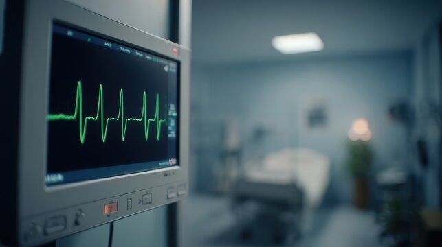 Medical monitor displaying a patient's vital signs in a hospital room setting