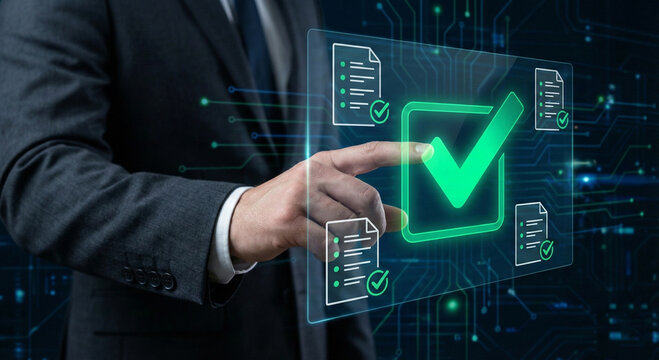 Checkmark icon on virtual interface represents business success.