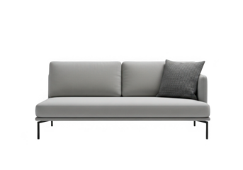 Modern light gray two seater sofa with textured pillow isolated on transparent background