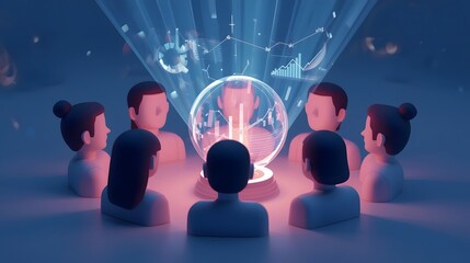 A group of diverse, stylized 3D avatars (modern, blocky design) gathered around a glowing, holographic sphere projecting business graphs. No photo-realism, focus on illustration style