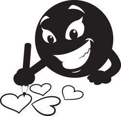 Fototapeta premium Mischievous black cartoon smiley face character drawing many heart shapes with a pencil vector illustration.