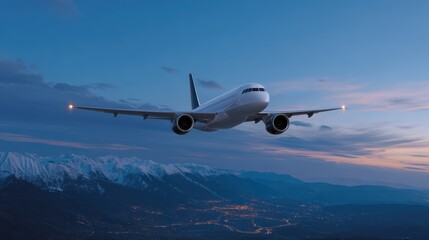 Naklejka premium Passenger Jet Flying High Above Scenic Mountain Landscape at Dusk