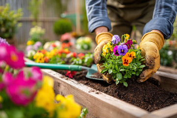 A gardener transplanting flowers into a raised bed garden surrounded by neatly arranged gardening tools.