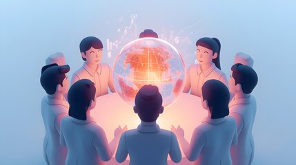 A group of diverse, stylized 3D avatars (modern, blocky design) gathered around a glowing, holographic sphere projecting business graphs. No photo-realism, focus on illustration style