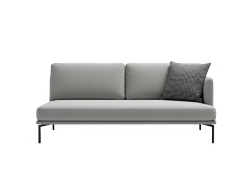 Modern light gray two seater sofa with textured pillow isolated on transparent background