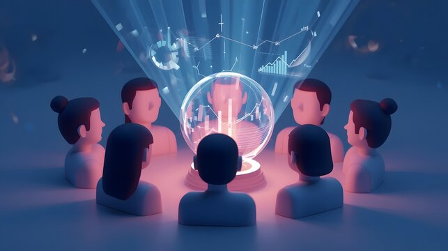 A group of diverse, stylized 3D avatars (modern, blocky design) gathered around a glowing, holographic sphere projecting business graphs. No photo-realism, focus on illustration style