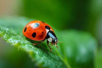 Fototapeta premium A vibrant close-up of a ladybug crawling on a green leaf, highlighting natural pest control and garden biodiversity.