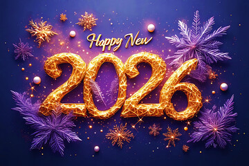 Festive New Year Greeting: Shiny 3D Golden 2026 Numbers, Sparkling Snowflakes, Purple Ornamental Leaves, Pearls, and Stars on Deep Purple Background