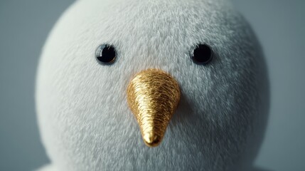 Close-up of a cute snowman with a golden nose and black eyes
