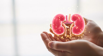 Human hands cradling a glowing anatomical kidney model symbolizing vital organ health and medical care