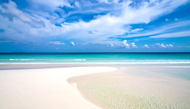 Bright beach scene features turquoise ocean, white sand, and a blue sky dotted with fluffy white clouds