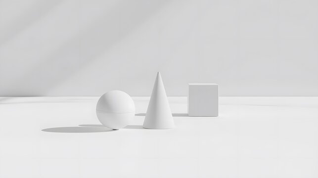 A pure white studio environment featuring three perfectly rendered 3D objects (a sphere, a cone, a cube) casting long, soft shadows. Emphasis on negative space and modern design.