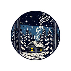 Cozy Winter Retreat: Rustic Cabin Surrounded by Snowy Pines & Starry Night