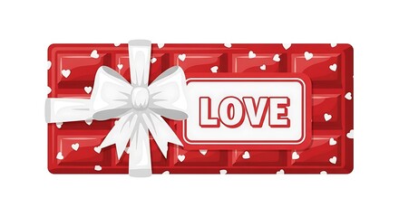 Red chocolate bar with white hearts and a bow says love.