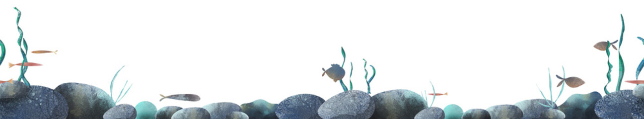 Watercolor illustration seamless border of underwater stones with swaying green seaweed, fishes. Perfect for children's books, educational materials, ocean themes, stickers, and nursery decor