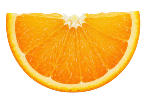 A perfectly cut crescent orange citrus fruit slice, glistening and juicy with vibrant segments, against an immaculate white background with copy space, concept for healthy food advertising