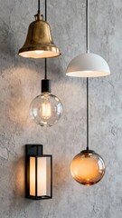 Obraz premium Various pendant and wall-mounted light fixtures with exposed bulbs and different designs against a textured gray wall