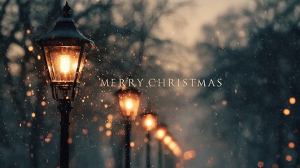 Merry Christmas greeting with glowing street lamps and falling snow