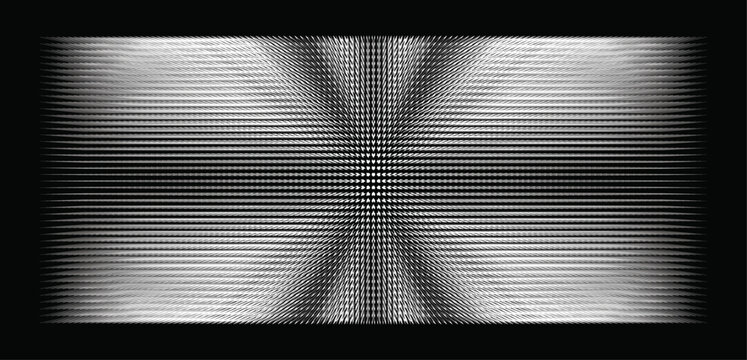 Hidden elusive x pattern and radiating halftone grid, abstract black and white optical vector banner and header background.