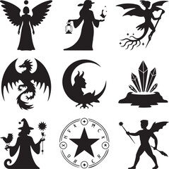 Silhouettes of fantasy and mythological creatures and symbols in vector format