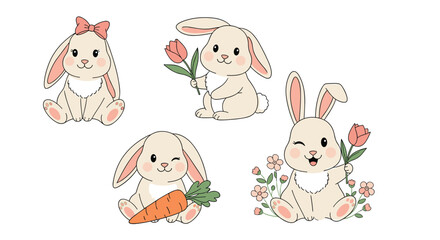 Adorable cartoon bunnies with pink ears and cheerful expressions hold a tulip and a carrot and are surrounded by lovely flowers.