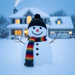 Snowman with Hat and Scarf in Front of Cozy House – Winter Landscape Illustration