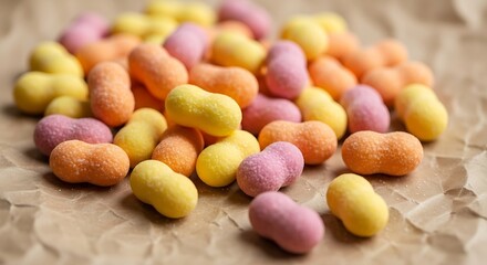 Small, colorful, peanut-shaped candies are piled on brown paper.