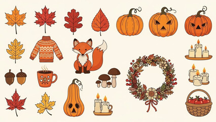 Autumn Icons Set – Falling Leaves, Pumpkins, Fox, and Fall Elements Vector Illustration

