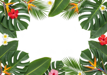 Vibrant tropical foliage and exotic flowers forming a decorative border isolated on transparent background