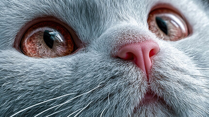 Extreme close up of a cat face with detailed fur texture and bright reflective eyes