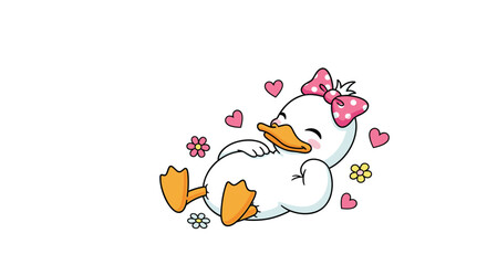 Naklejka premium Adorable white duck with a pink polka dot bow lies playfully on its back surrounded by sweet pink hearts and small flowers.