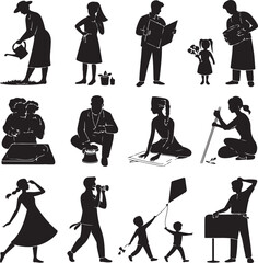 Silhouettes of people engaged in various activities in a flat design