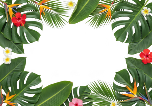 Vibrant tropical foliage and exotic flowers forming a decorative border isolated on transparent background