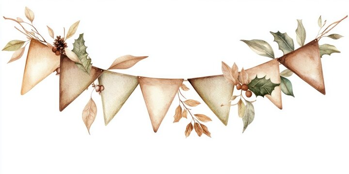 Cute bunting with brown and green flags art illustration watercolor.
