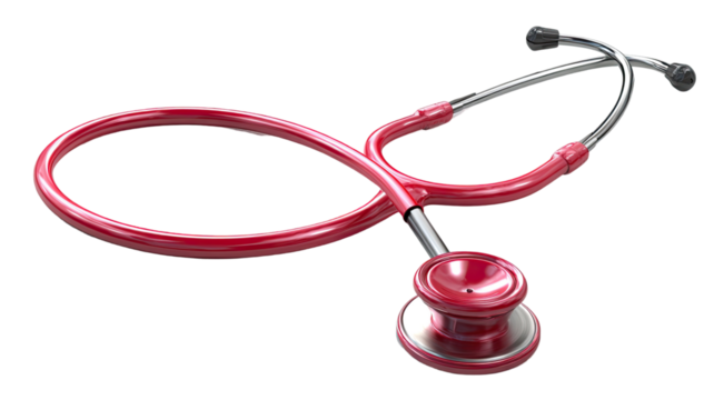 Isolated medical equipment: stethoscope with red heart for health and cardiology examination - Powered by Adobe
