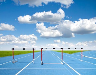 Blue track with hurdles below a vivid sky full of fluffy white clouds