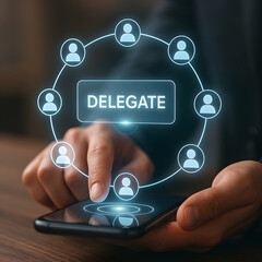 Delegate concept with people icons and smartphone delegation